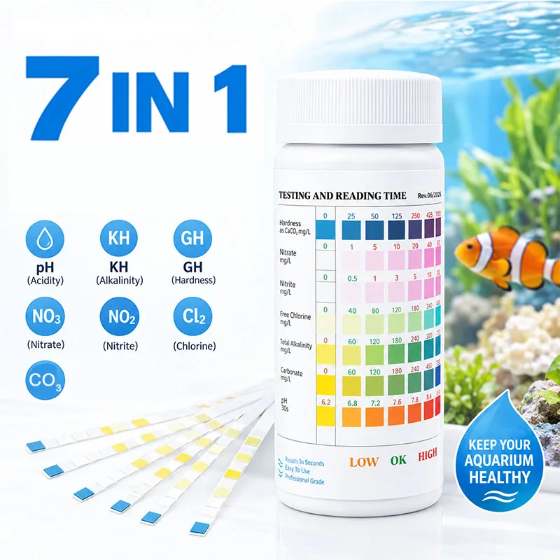 50 Stück/Box 7-in-1 Aquarium-Teststreifen Wasserqualitäts-Teststreifen Aquarium-Testkit für Süßwasser- und Salzwasser-Aquarien PH-Teststreifen – Detail 2