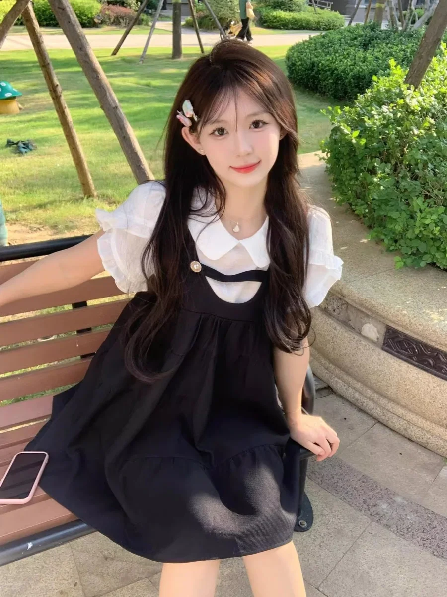 

Charming Doll Collar Tea Break Dr Women's Summer 2024 New Sle Ele ort Sve A-Line Skirt Ele Beautiful Dr