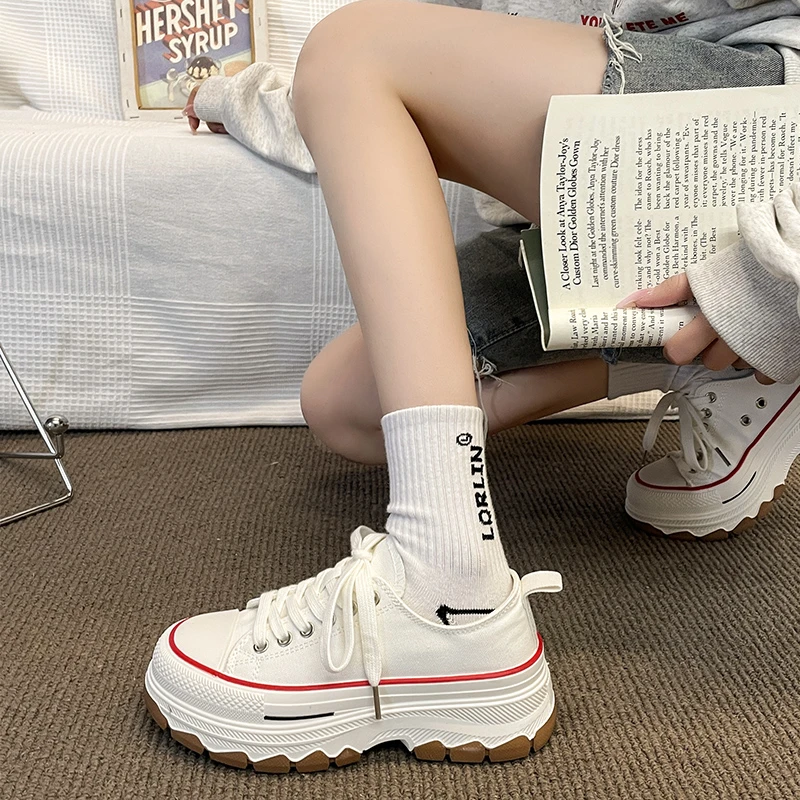 Canvas Shoes for Women Crossed Frenulum Autumn Winter Increase Shoes  Fashion Low Help Thick Soled Casual Board Footwear 2023