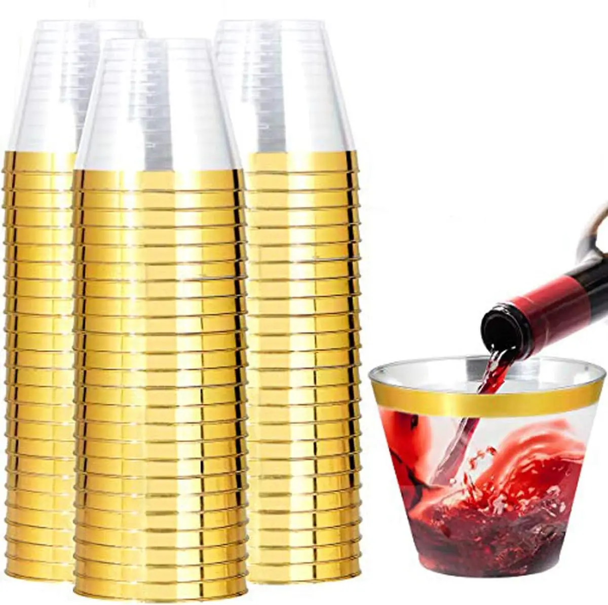 

200 Pack Gold Plastic Cups, 9 Oz Elegant Clear Plastic Cups Gold Rimmed Disposable Wine Glasses Fancy Disposable Party C
