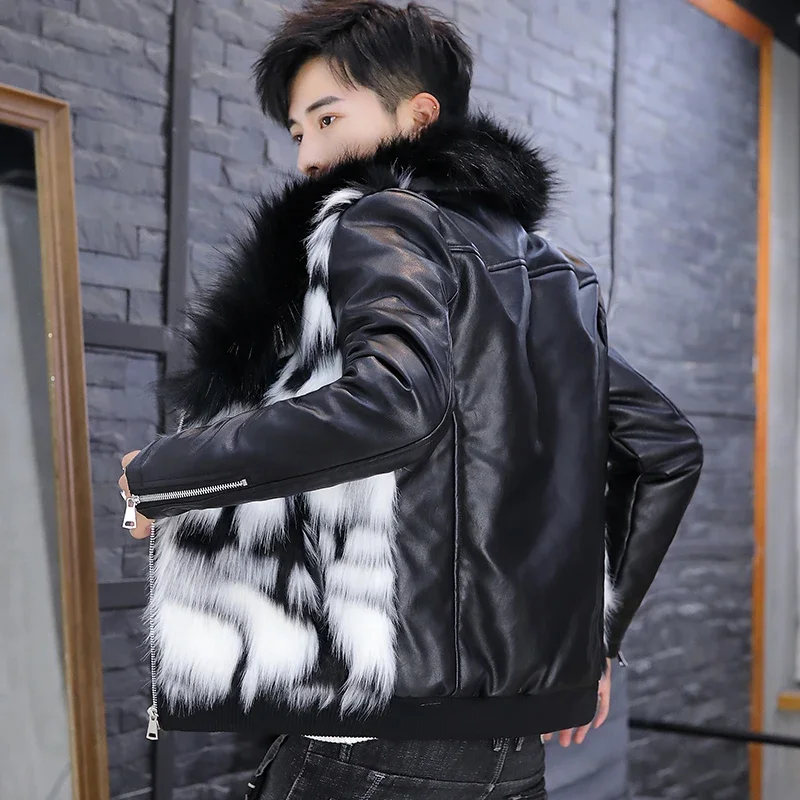 2024 Men\'s Faux Fur Leather Coat Youth Handsome Autumn and Winter Warm Faux Mink Jacket