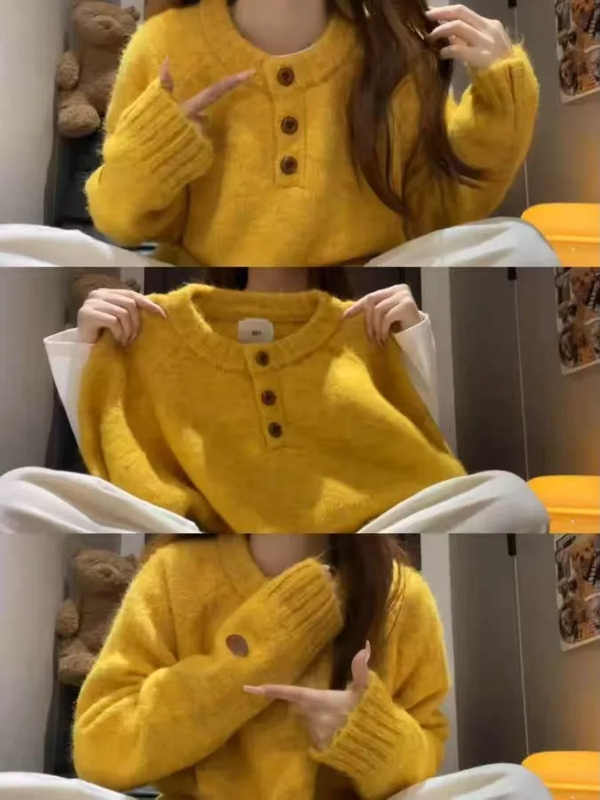 

Loose Knitted Sweater Plu Feeling Overhead round Ne Yellow Sweater Autumn Winter Pure Color Lazy Sle Top for Girls