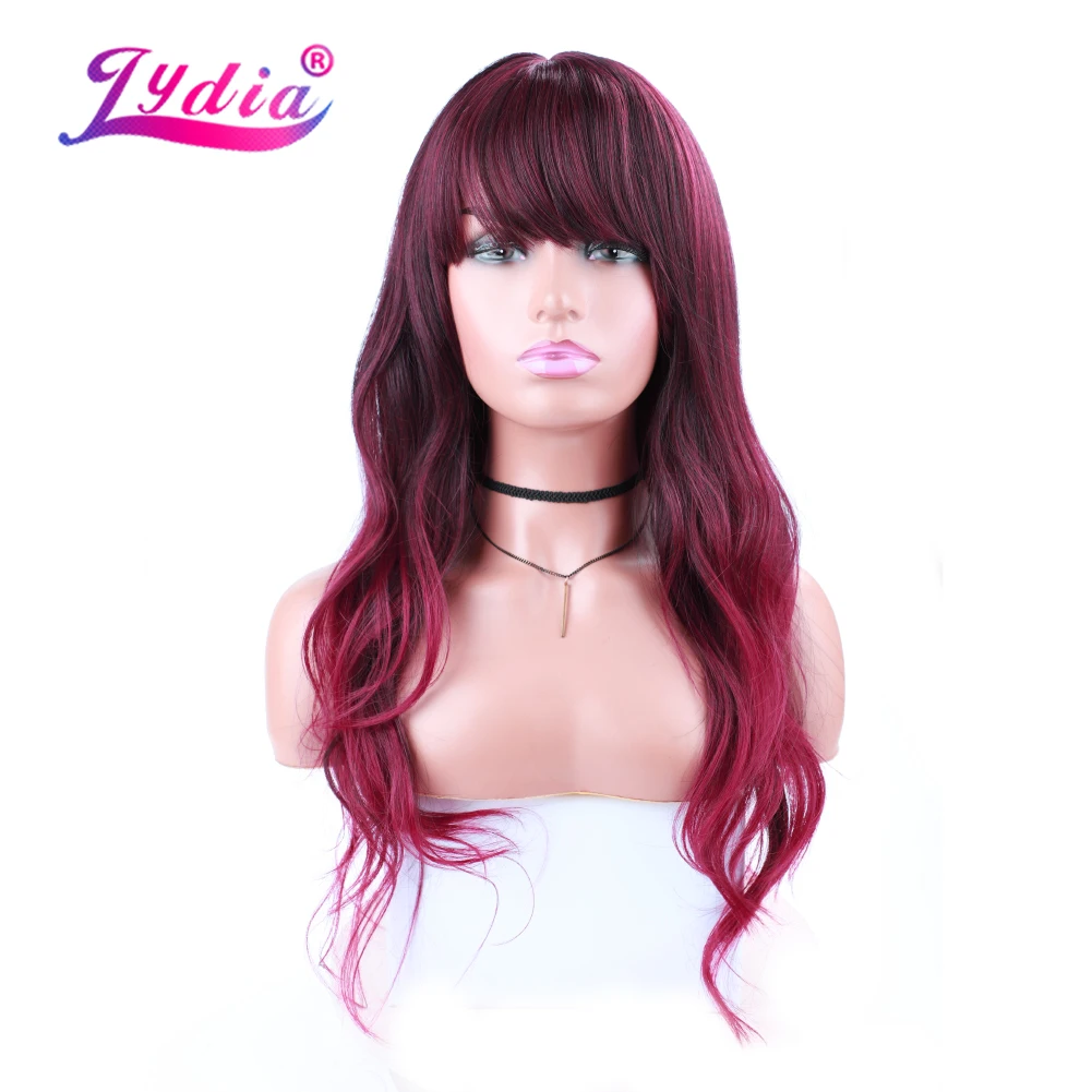 Lydia Long Synthetic Hair Wigs With Straight Free-Side Bang Toppe African American Women Natural Wave 18Inch Black Red Daily Wig