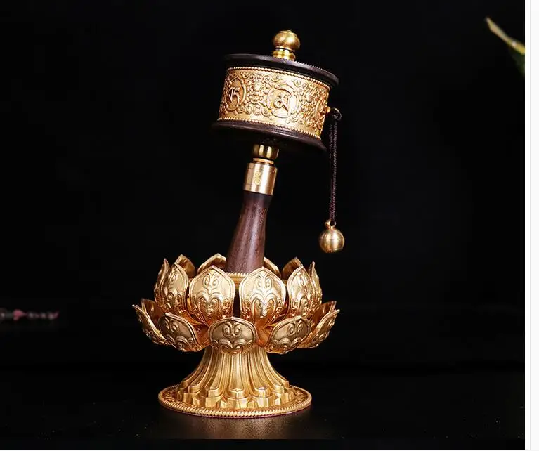 Wholesale Buddhist articles  efficacious Tantric talisman Tibetan mani wheel prayer wheel + Gilt Double lotus base statue
