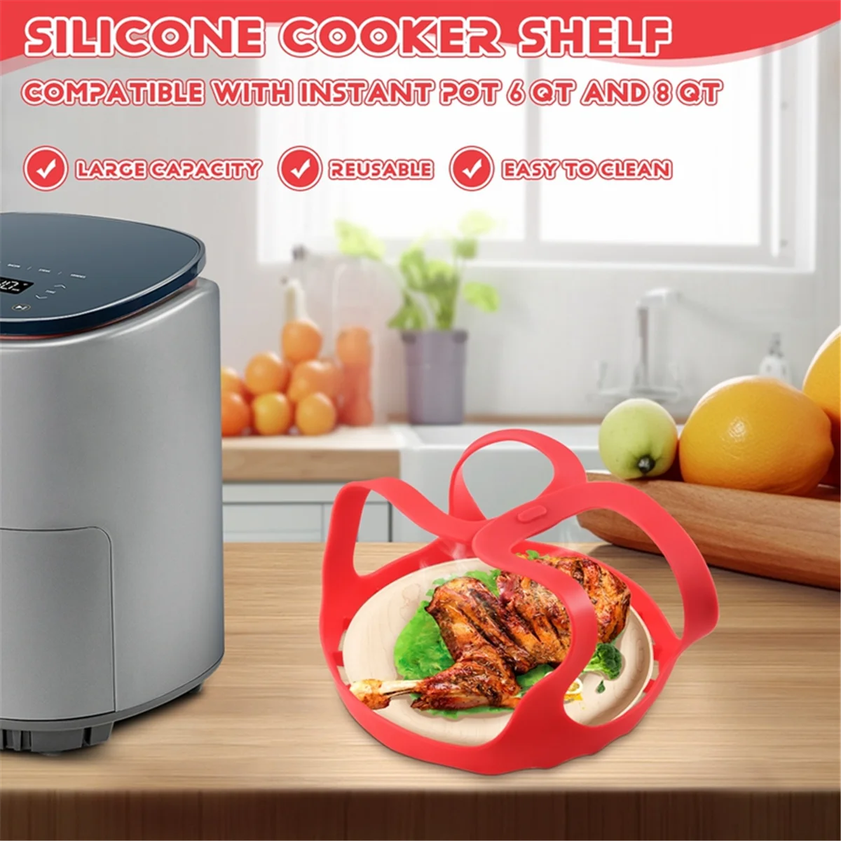 

A08I Silicone Sling Lifter Accessories Compatible with Instant Pot 6 Qt and 8 Qt, and Other Brand Pressure Cookers, Red