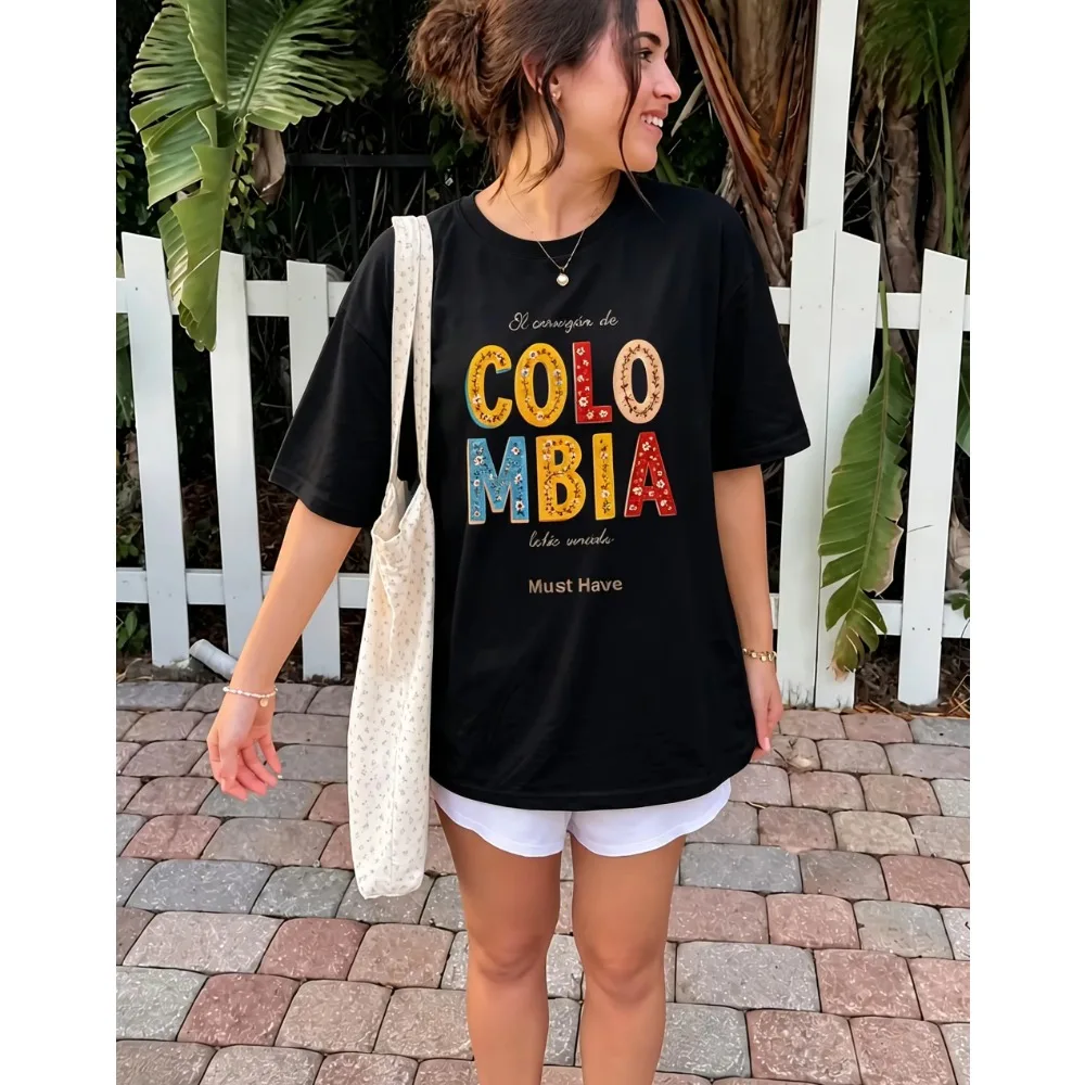 Colombia Lettering T Shirt Floral Graphic White Crewneck Loose Top Apparel for Women Men Summer Picnic Canvas Bag Walk Wear