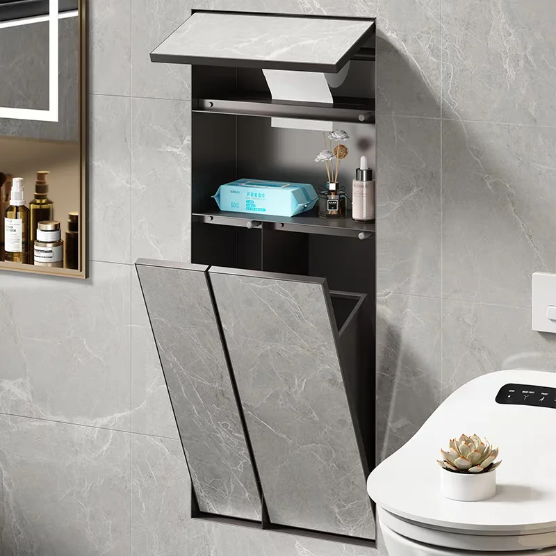 Recessed 304 Stainless Steel Trash Bin Rubbish Bin Tile-Inset Built-In Tissue Box Black Tissue Holder Flush-Mounted Toilet shelf