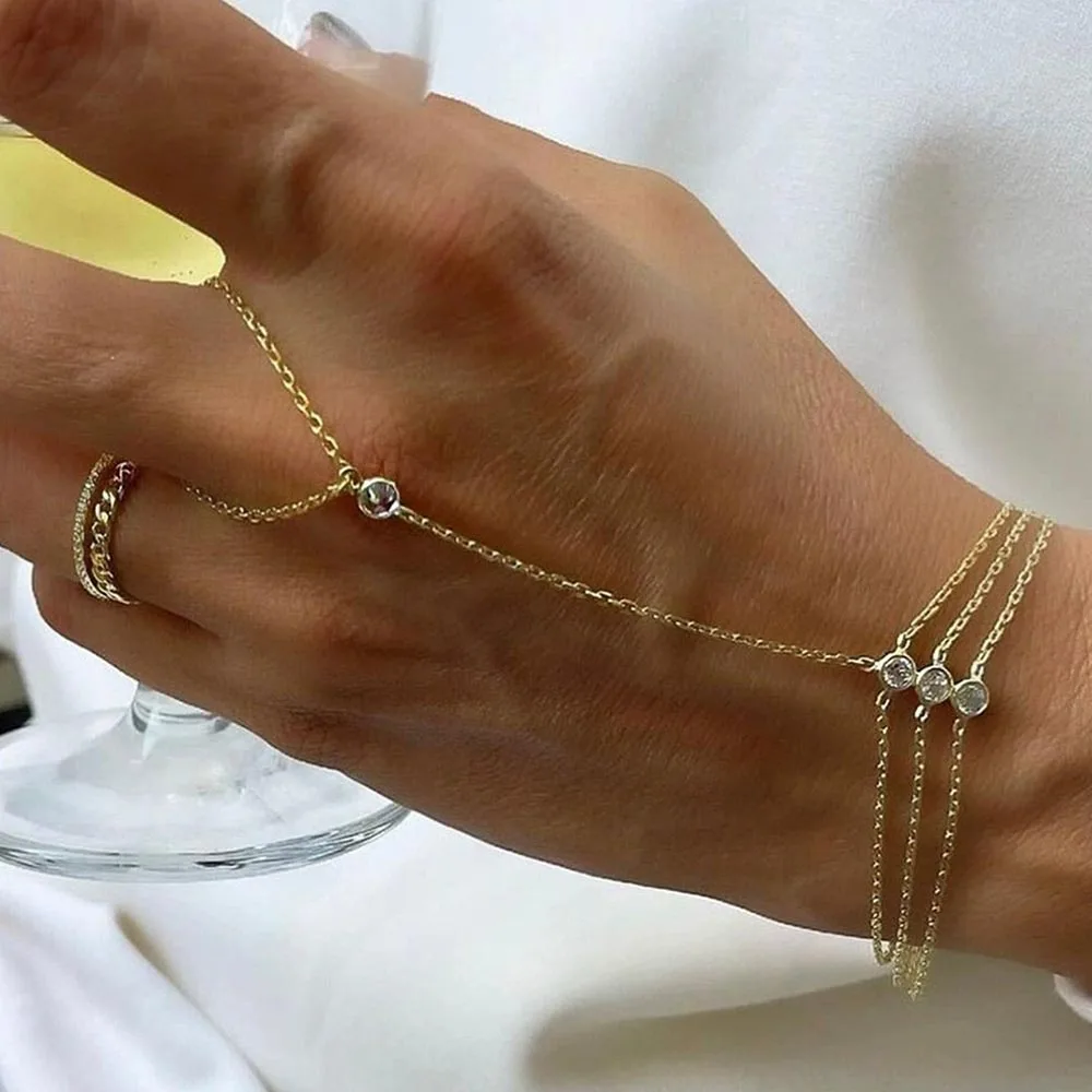 YHTOT Minimalist 18K Gold Color Plated Stainless Steel Zircon Multi layer Finger Bracelet for Women Party Gift