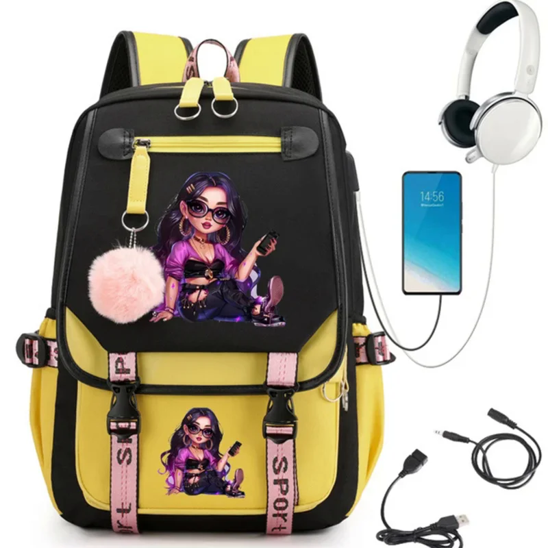 Black Girl Print Cartoon School Bag for Student Teens Usb Bookbag Laptop Mochila Teenage Backpack Kawaii Bagpack