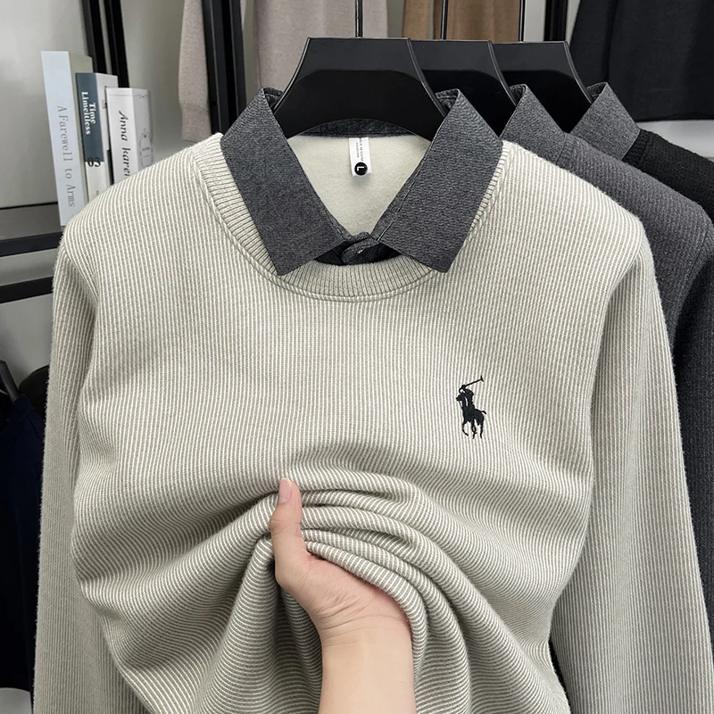 

Новый стильный поддельный свитер из двух частей с воротником рубашки и флисом для мужчин, зимний молодежный свитер, однотонный вязаный свитер, модный