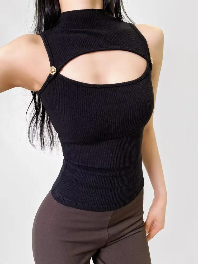 Spring New Arrival Women's Sexy Hollow out Slimming Svel High Collar Tank Top Elastic Base Layer Commute Sle Knitted ...