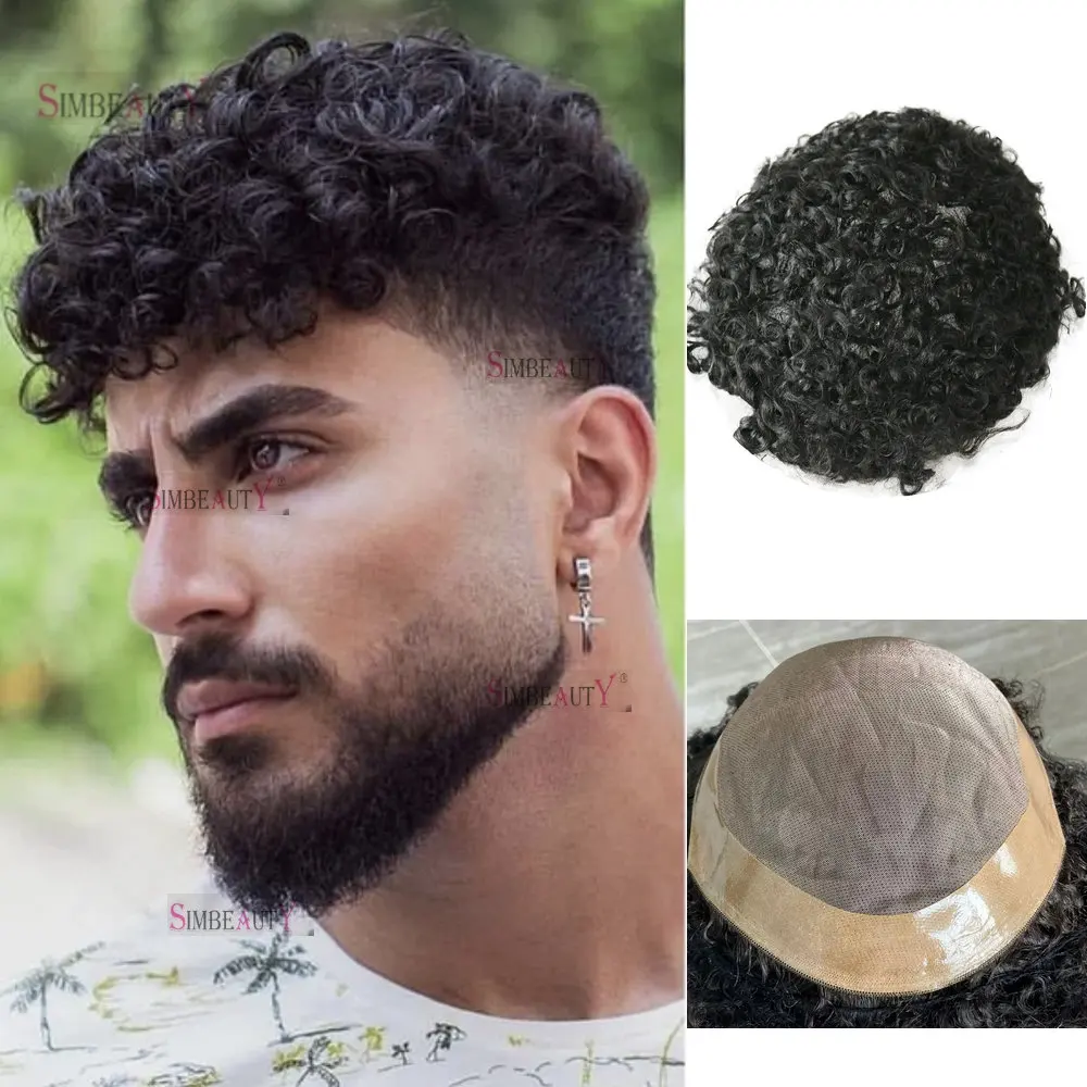 

18mm 12mm Curly Black Breathable Mono &NPU Mens Toupee 100% Human Hair Wigs 8mm Afro Male Prosthesis Wave Replacement Hairpiece