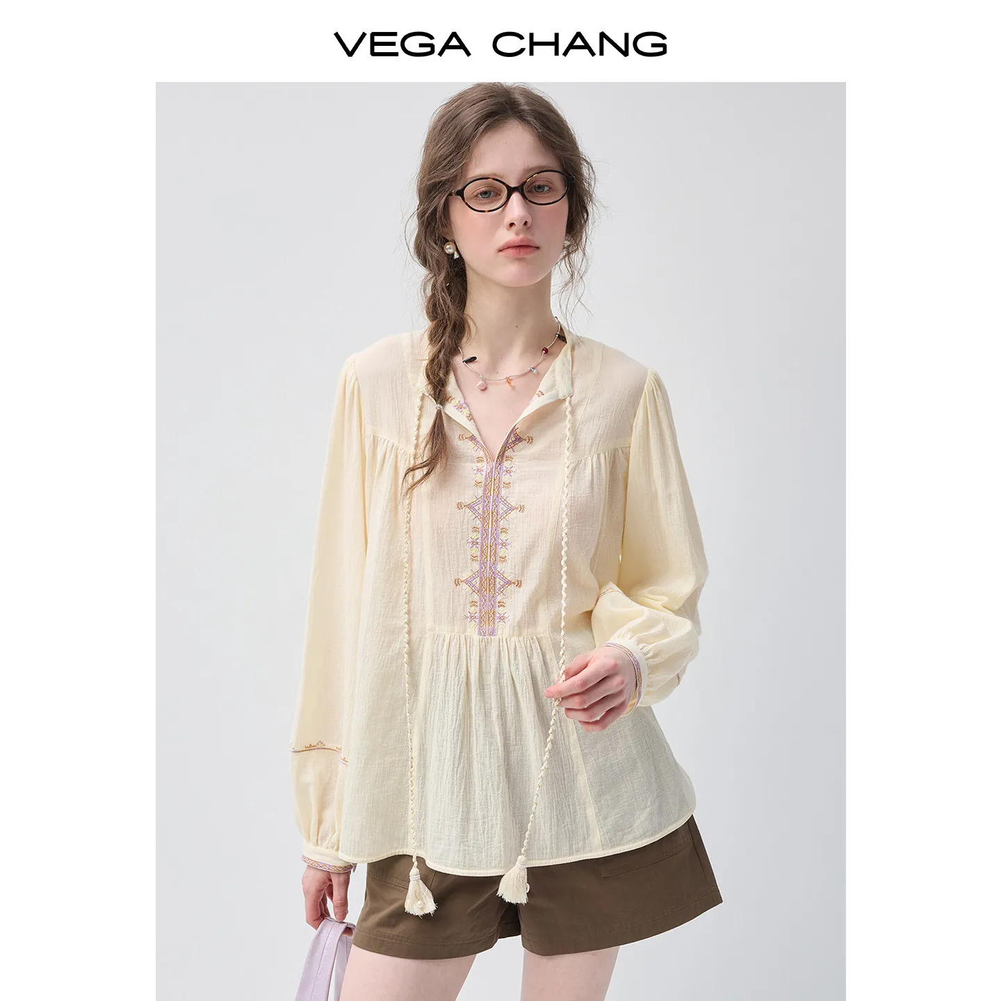 

Vega Chang New Summer Style Women's Apricot-Colored Pure Cotton Tassel Shirt Bohemian Style Top
