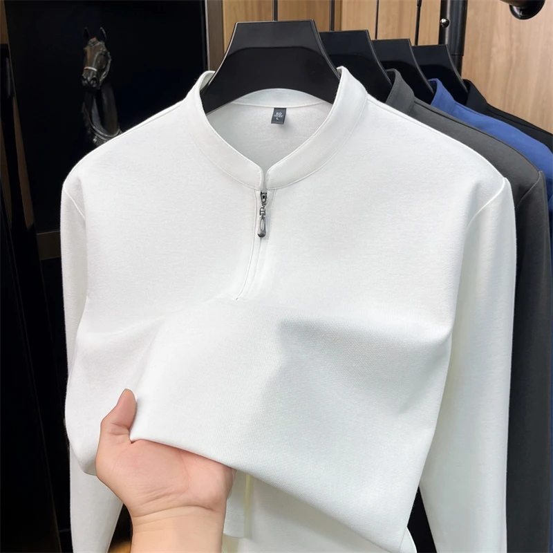 Fashion Men Long sleeve stand collar T-shirt light luxury half zipper solid color spring autumn casual comfort high-end new top