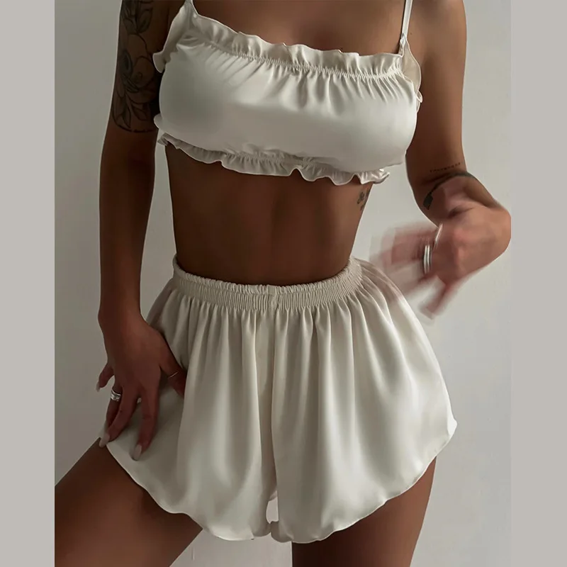 Weird Puss Silky Elegant Women 2 Piece Set Casual Sleeveless Ruffles Camisole+Button Shorts Matching Streetwear Casual Outfits