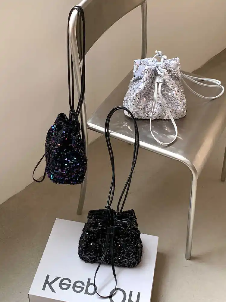 

Женская модная сумка-ведро с блестками, корейская великолепная роскошная блестящая мини-сумка на плечо с завязками, повседневная женская сумочка