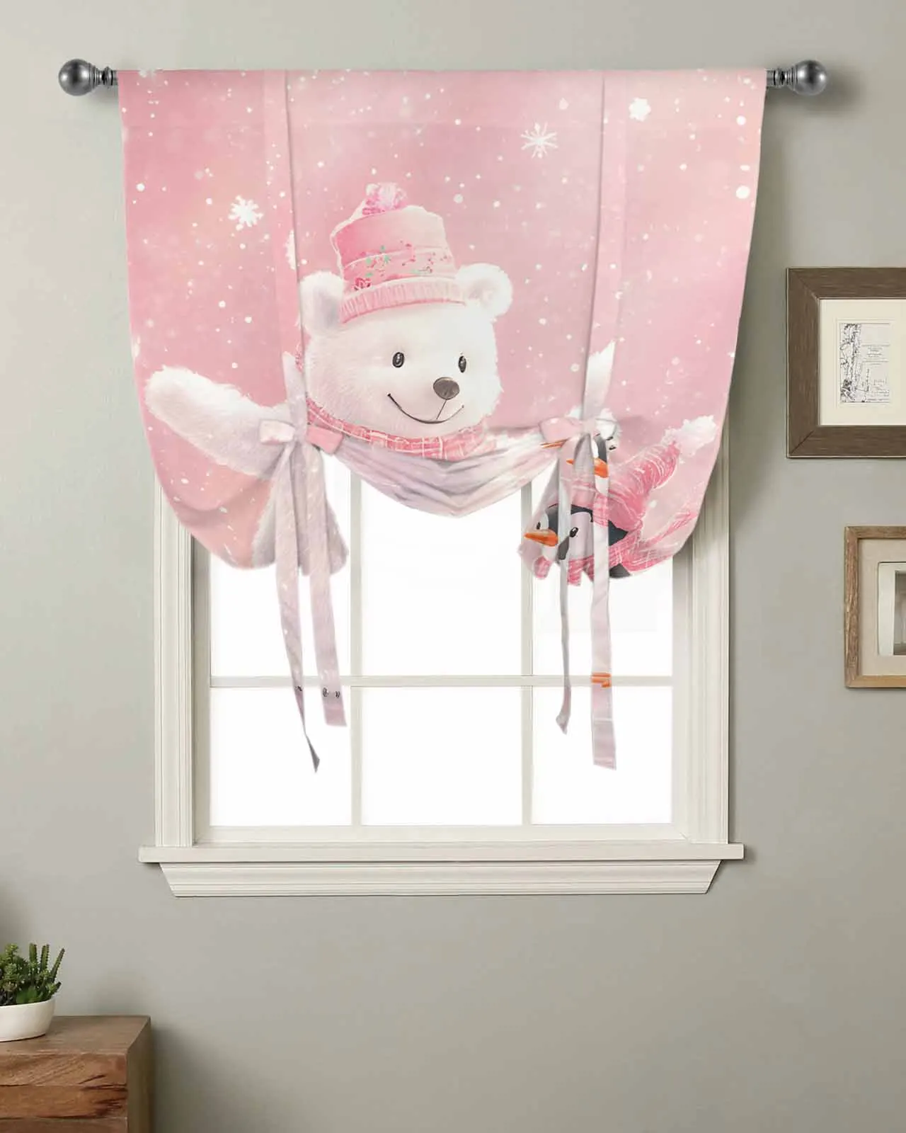 Christmas Pink White Bear Penguin Short Balloon Curtain Tie Up Valance Home Bedroom Kitchen Partition Decor Window Curtain