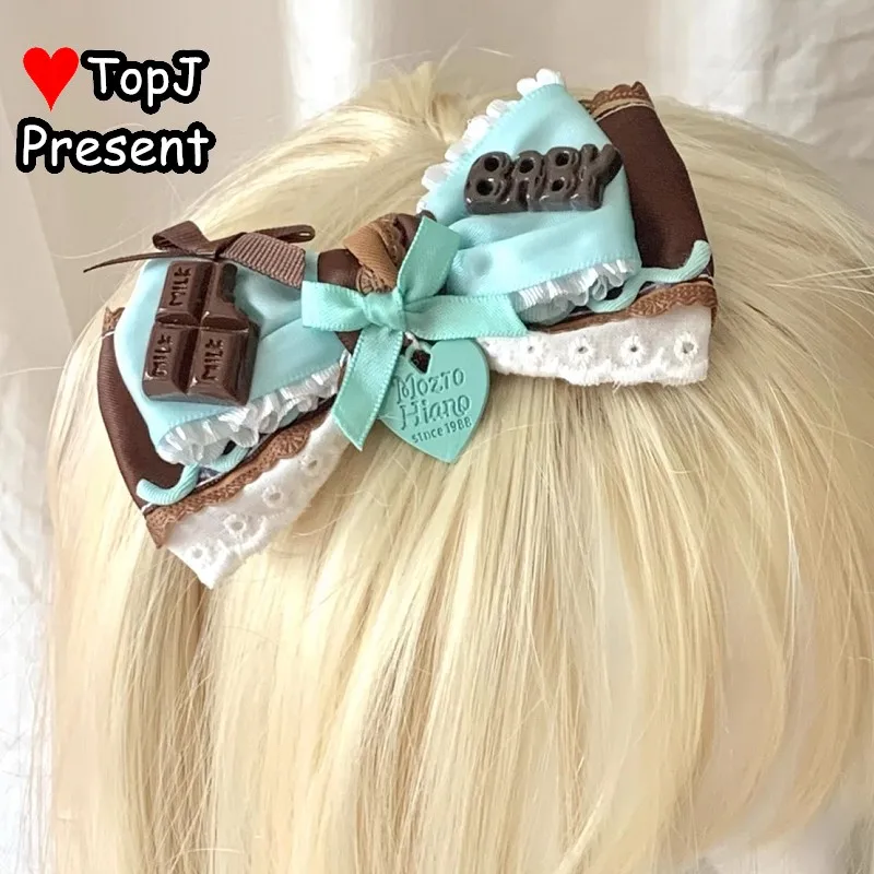 "نكهة النعناع الشوكولاته كوكي" القوطية Harajuku Y2K فتاة جميلة لوليتا الحلو القوس الشريط الدانتيل دبوس الشعر حافة المشبك مشبك شعر