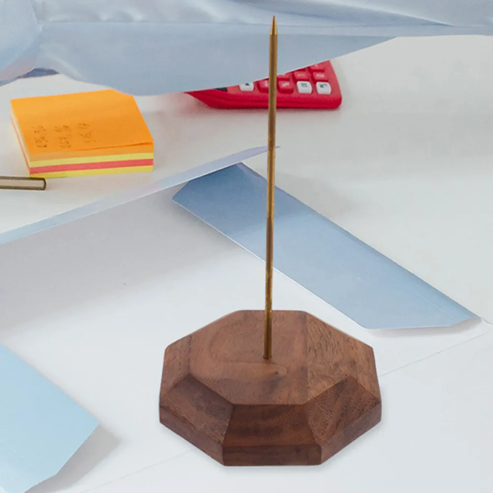 Receipt Holder Spike Wood Base Copper Tone Metal Bill Fork Restaurant Ticket Order Organizer