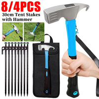 8/4PCS Camping Tent Stakes and Hammer Set Heavy Duty Forged Steel Tent Pegs Pegging Ground Nails 30cm Outdoor Camping Supplies