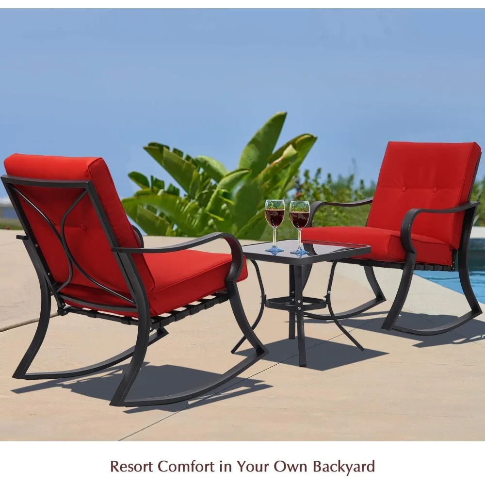 Outdoor Furniture 3 Piece Conversation Bistro Set Rocking Chairs and Glass Top Table, Thick Cushions, Black Steel (Red)