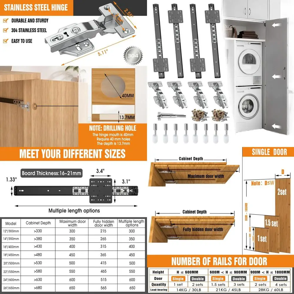 

18 Inch 4-Piece Concealed Slides for Cabinet Doors with Hidden Hinges