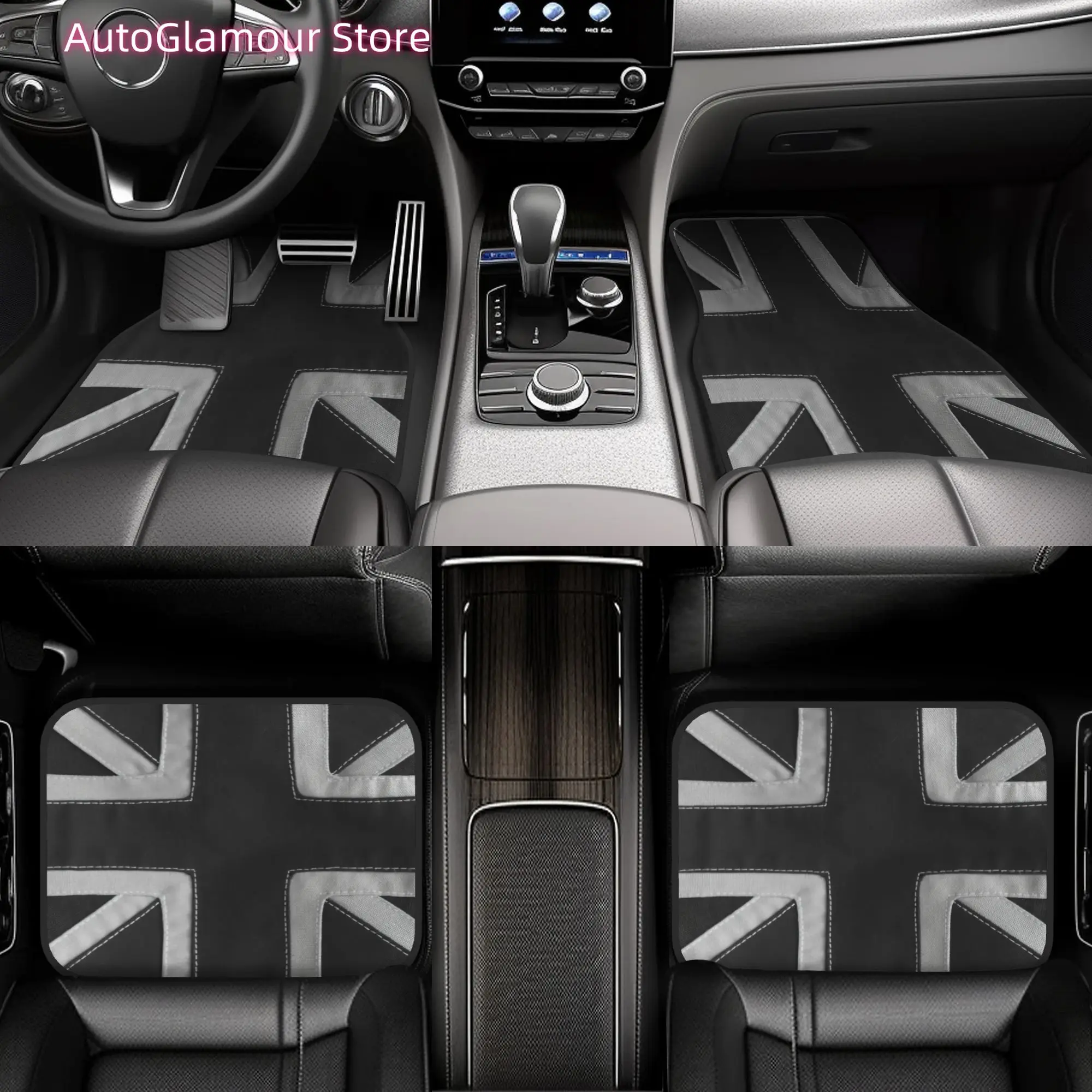 4pcs Stitched Union Jack Grey Car Floor Mats, Durable Polyester Fiber, Fit for Cars, Ideal Gift, Vehicle Interior Mats, Playful