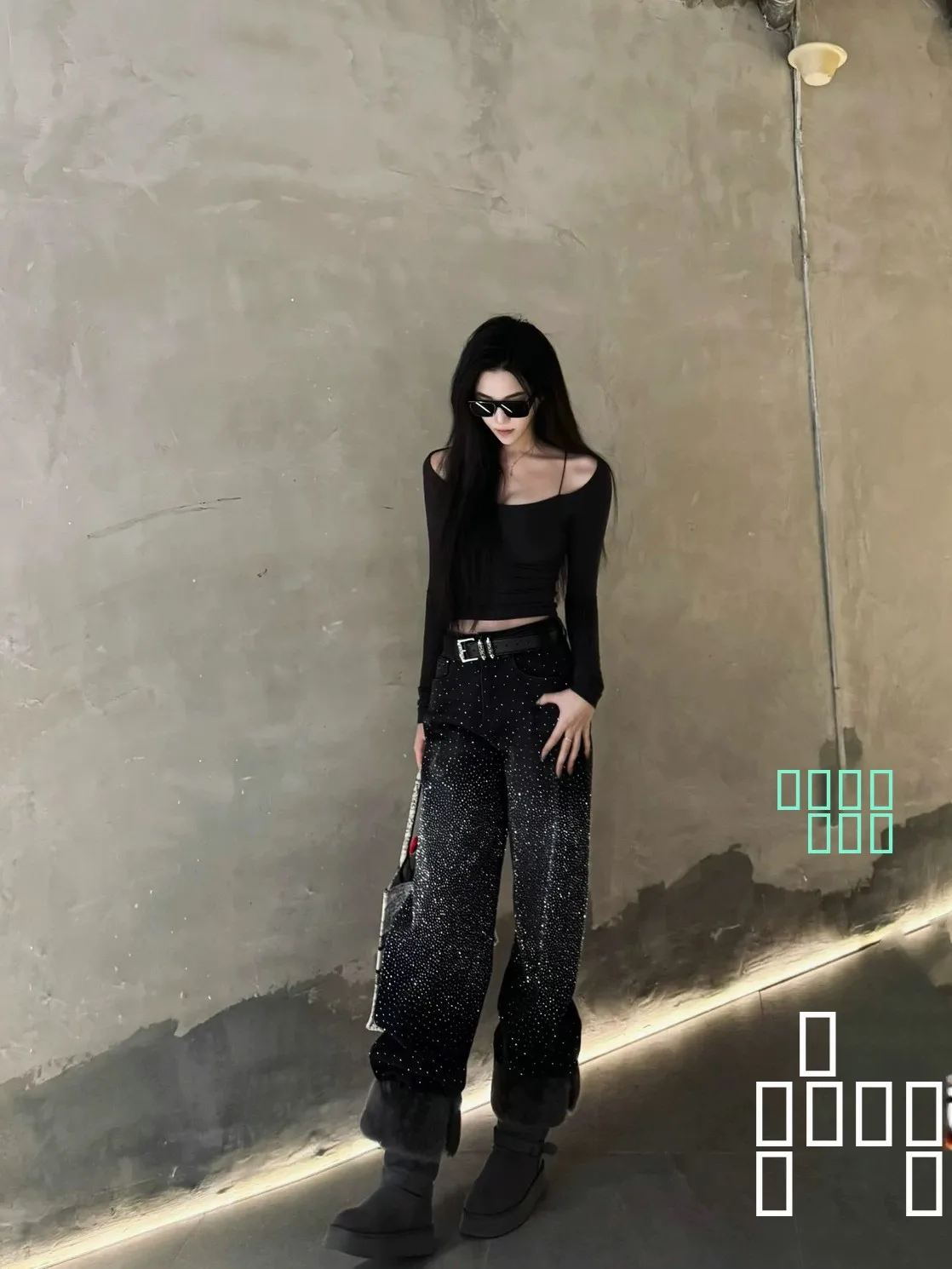 

High Waist Wide Leg Jeans Women's Spring Summer New Loose Fit Slimming Star Rhinestone Denim Pants Thiened Casual Sle