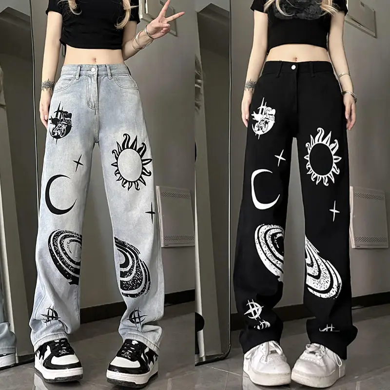 High Street Fashion Print High Waist Jeans Women\'s Button Pocket Zipper Trendy Versatile Slim Loose Covering Meat Straight Pants