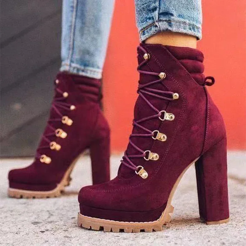 Women Flock Rivet Square High Heels Ankle Boots Female Autumn Fashion Lace-Up Shoes Ladies Elegant Sexy Footwear Big Size