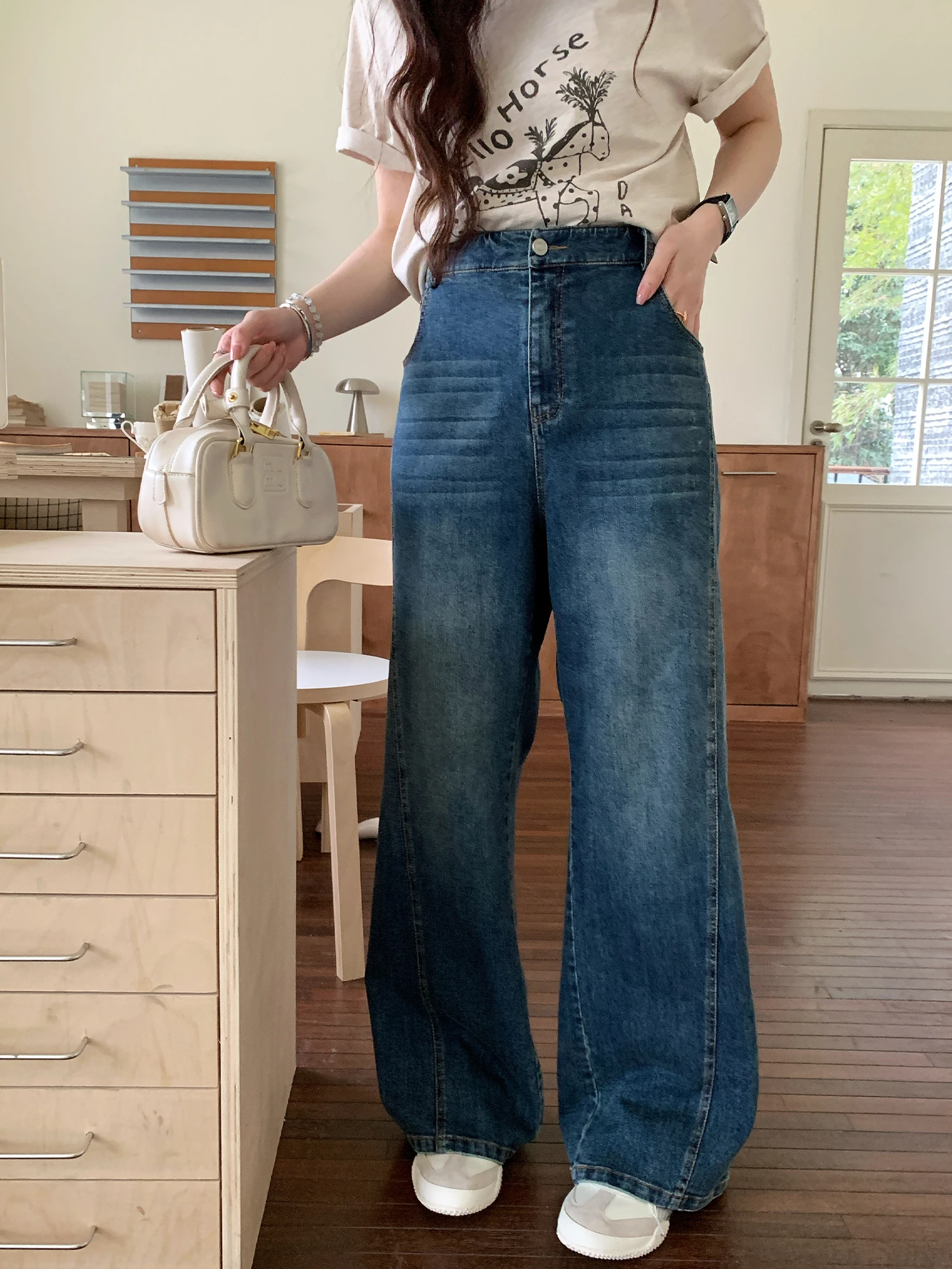 

NAZ High Waist Wide Leg Jeans Slimming Patchwork Washed Denim Spring Fashion plus Size Women's Loose Fit Straight Cut Trousers