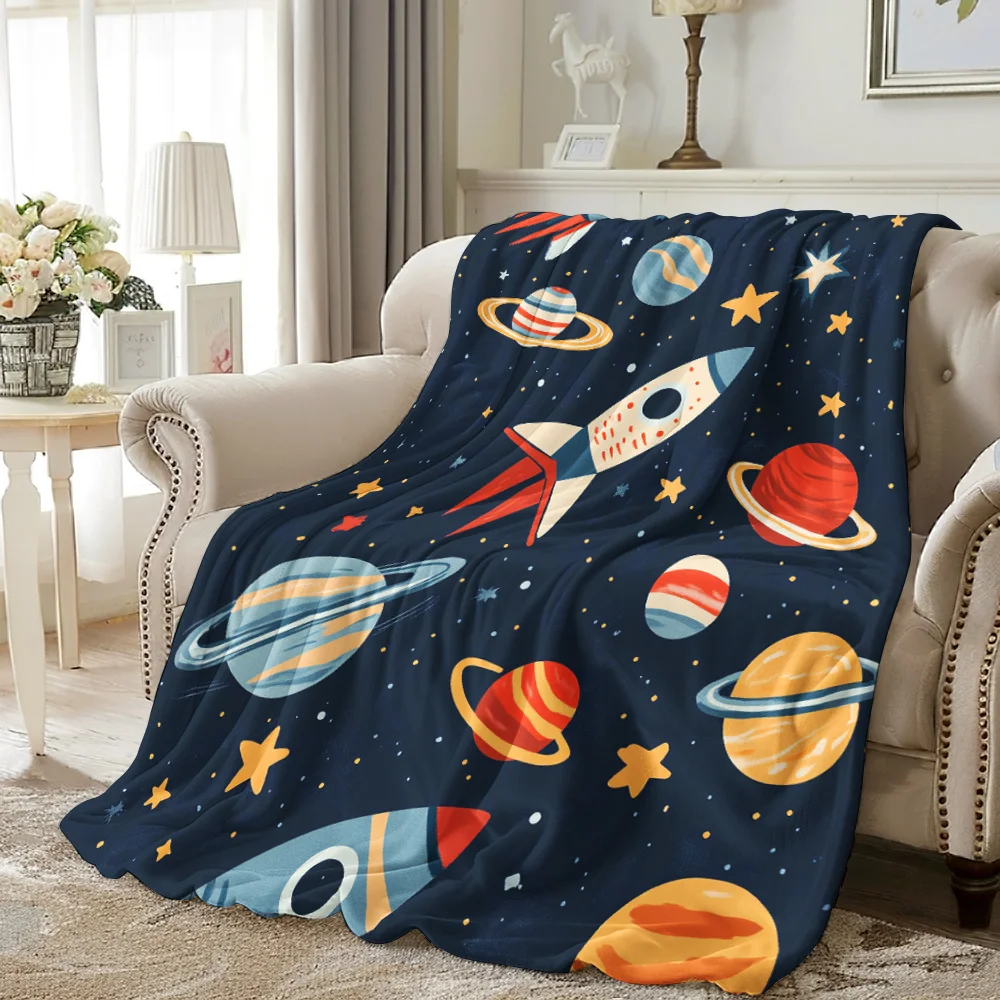 

VIKAMA Comfortable Rocket And Space-Themed Flannel Blanket - Soft And Warm, Perfect For Napping, Camping And Traveling