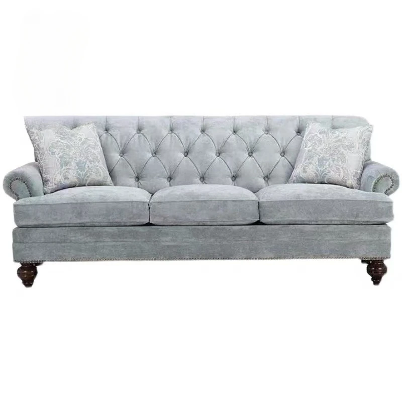 Three-person fabric sofa, European neoclassical fresh blue-green flannel living room furniture