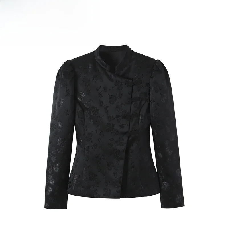 Fashionable Women's Suit Jacket with Knot Tie Floral Embroidery Standard Fit Short Coat European Style Long Sleeve Plant Pattern