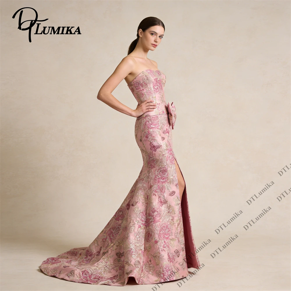 

DTLumika 2026 Spring New Floral Mermaid Evening Dress with Bow Decorations, Strapless Long Party Prom Gown High Slit Actual Pic
