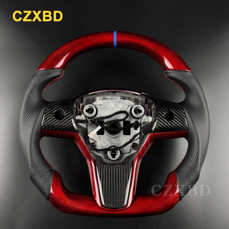 

Для Tesla Model 3 Model Y 2016-2024 глянцевый руль из настоящего красного углеродного волокна, высококачественное спортивное колесо по индивидуальному заказу