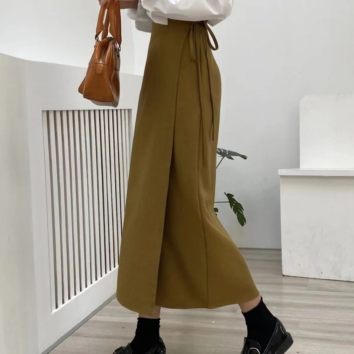 

High Waist Lace-up Suit Skirt Office Ladies Elegant Solid Pleated Split Slim Irregular Hip Wrap Mid Length Skirts Women Clothing