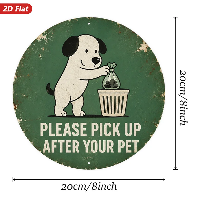2D Flat, 1pc Pet Cleanup Round Metal Sign Wall Art, Please Pick Up After Your Pet, Cartoon Dog, Tied Waste Bag, Suitable for Liv
