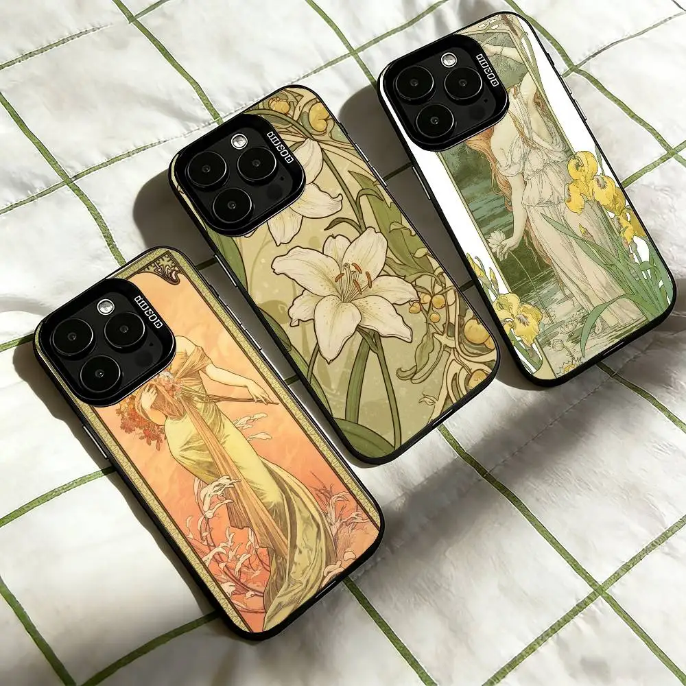 

ART Alphonse M-Mucha Phone Case For iPhone 17,16,15,14,13,12,11 Plus,Pro Max,XS,Colorful Silver Phone case Funda Cover