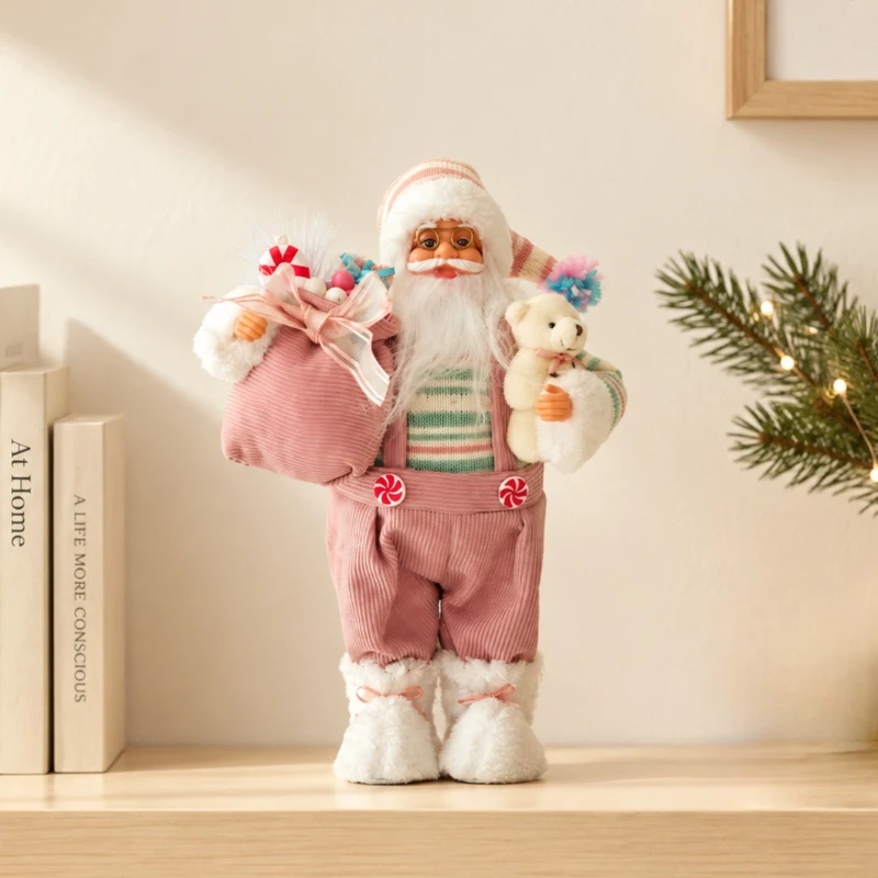 1Pcs  30cm Mini Small Cute Pink Carrying Bear Santa Ornament Holiday Party Santa Claus Christmas Decoration Ornament