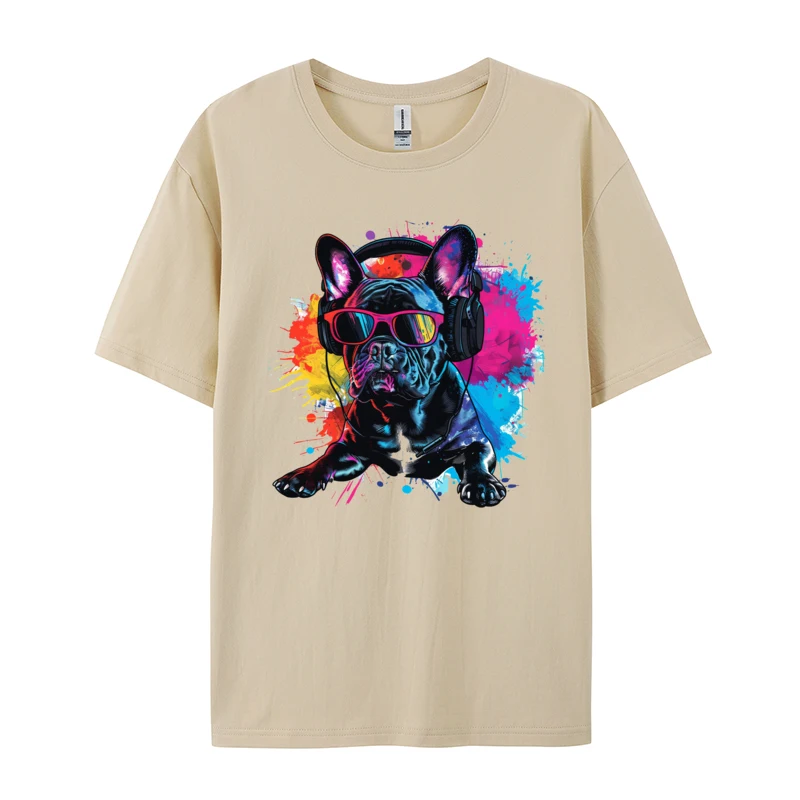 French Bulldog Headphones Art T-shirts Normal Loose Tops & Tees Mens Cute Oversized T Shirt Mens Clothing 2024