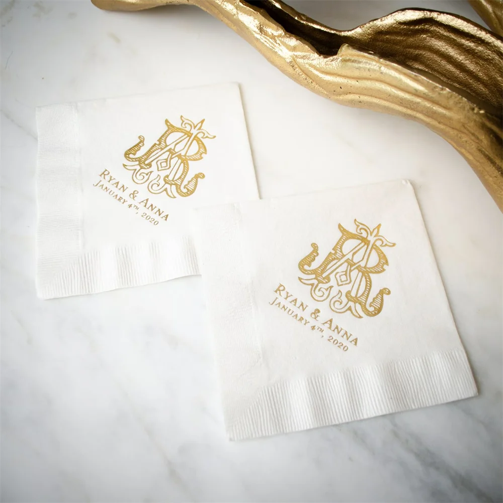 50PCS Interlocking Monogram Wedding Cocktail Napkins, Duogram Engagement Party Napkins, Rehearsal Dinner Beverage Napkins, Gold