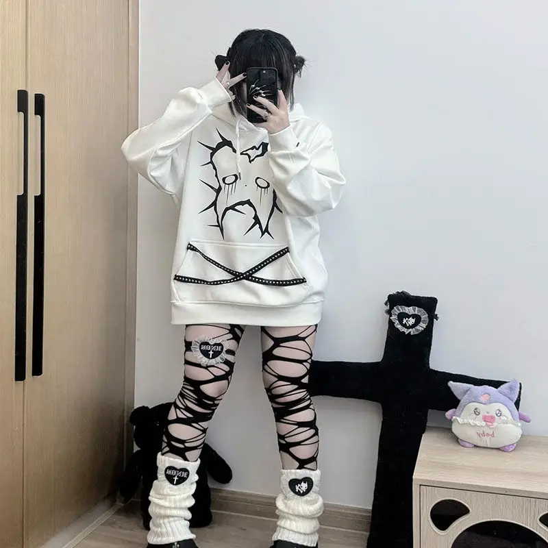 Hip hop Women Clothing Hoodie Pullover Funny Tooth Print Girl Grunge Letter Streetwear Hooded Shirt Fashion 2000s New Sweatshirt