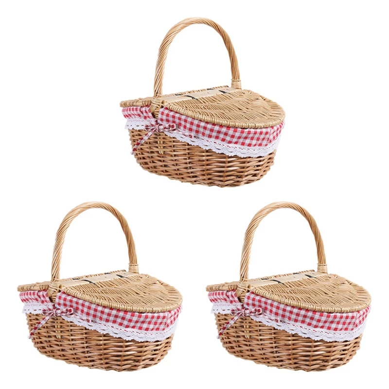 

3X Country Style Wicker Picnic Basket Hamper With Lid And Handle & Liners For Picnics, Parties And Bbqs