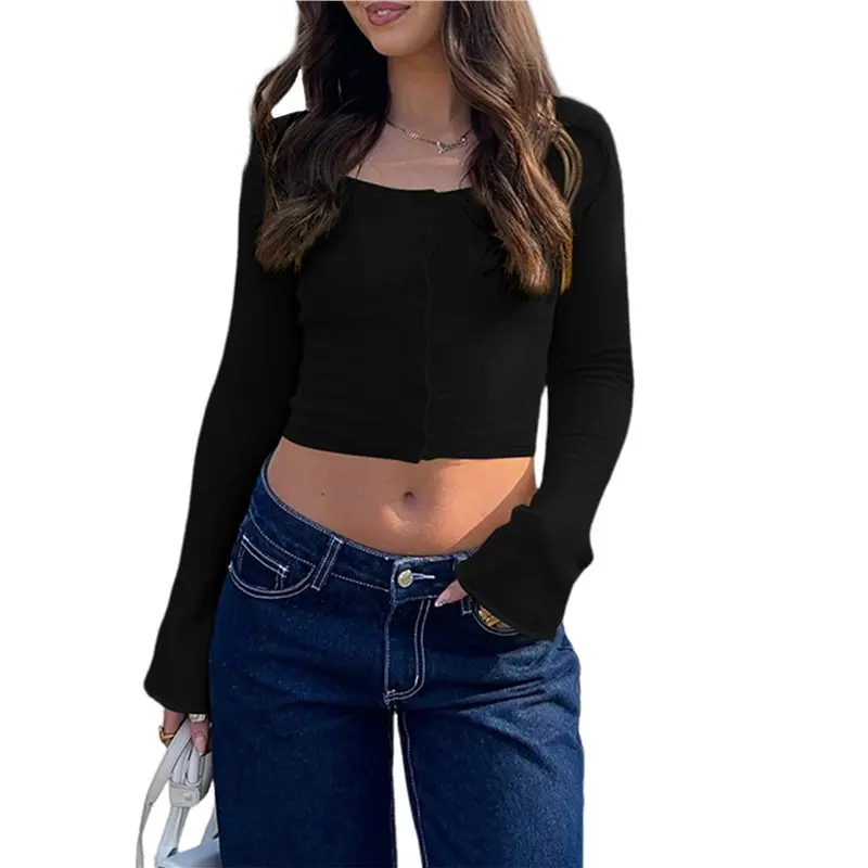 AC23-سترة نسائية بأكمام طويلة وأزرار حتى مضلعة منسوجة Y2K سترة ضيقة برقبة مستديرة تي شيرت خريفي