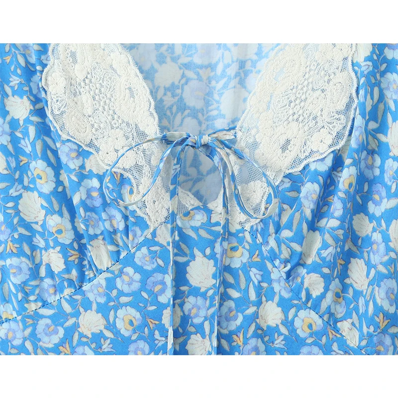 프렌치 레트로 레이스 트림 블루 플로럴 프린트 드레스 여성 V넥 반팔 A라인 여름 롱 드레스 휴가 맥시 로브 2026