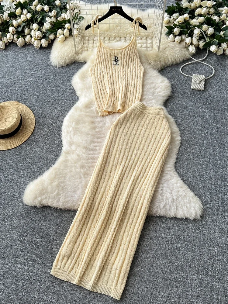 

LISM вязаные костюмы женские летние корейский стиль с вышитыми ремнями для похудения топ с высокой талией сумка на бедрах усовершенствованный вязаный комплект