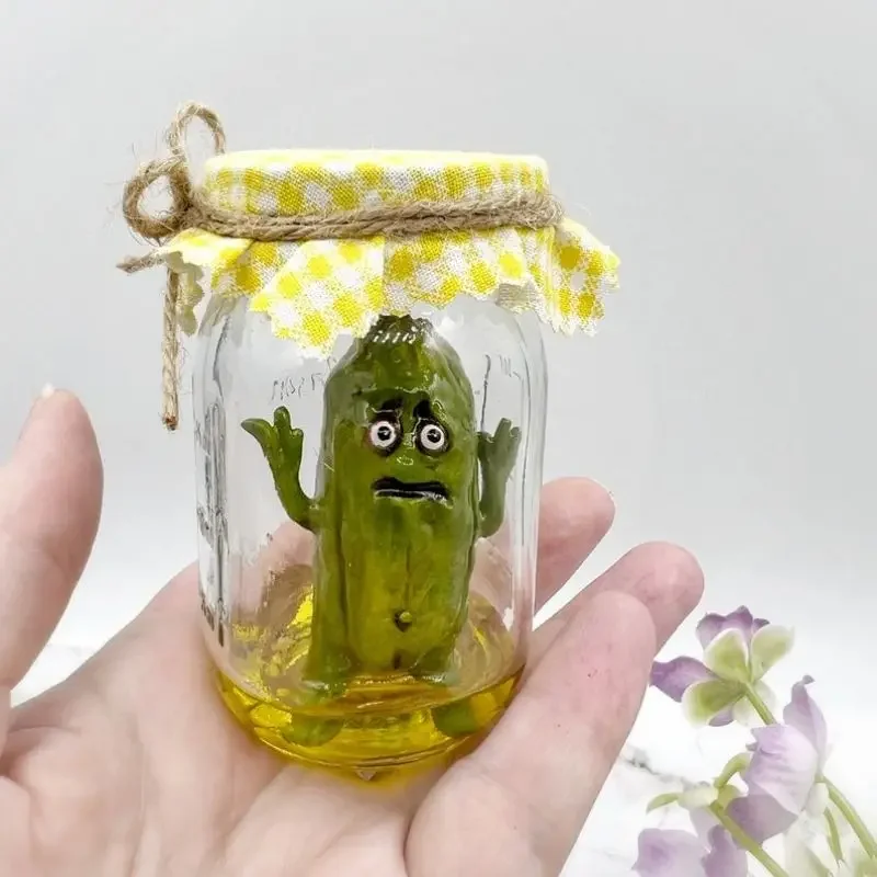 Grumpy Pickle in A Jar Sculpture Funny Aojiao Jar Pickle Cartoon Display Creative Mini Grumpy Clear Glass Pickle Statue