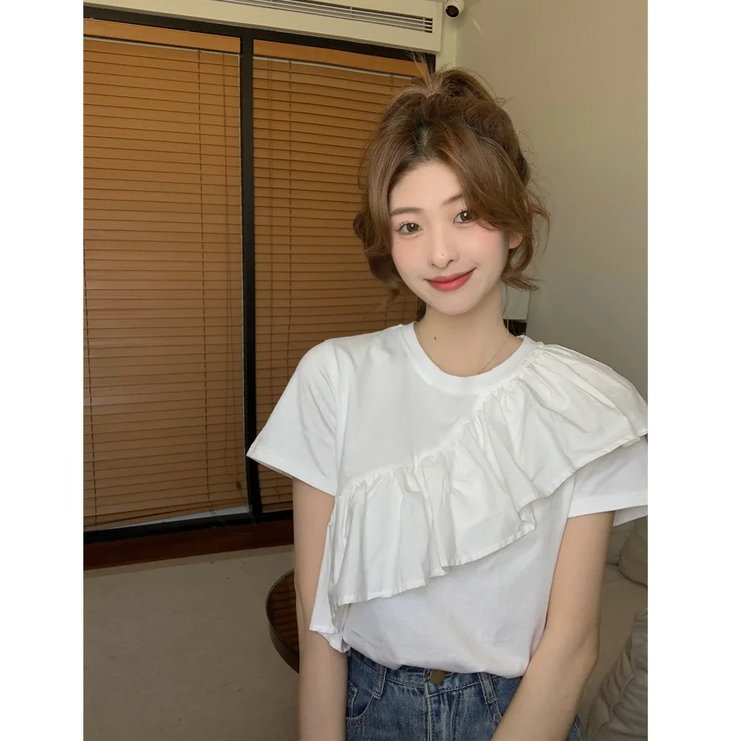 قصيرة الأكمام خارج الكتف قميص تي شيرت النمط الفرنسي تكدرت هيم الصيف الجينز قصيرة بسيطة عارضة أعلى، الصيف