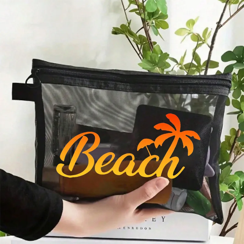 Beach Coconut Tree Vacation Style Mesh Cosmetic Organizer Bag Semi-Transparent Mesh Zipper Makeup Pouch Large Capacity Portable